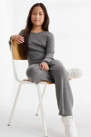 Set - long sleeve top and jersey trousers - ribbed - 2 piece