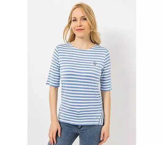 STRANDFEIN Streifenshirt,1/2-Arm Rundhalsausschnitt Logostickerei Seitenschlitze