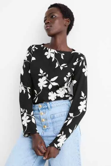 Long sleeve top - regular fit - floral - textured