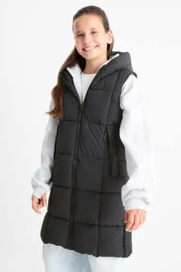 Long quilted gilet with hood - water-repellent
