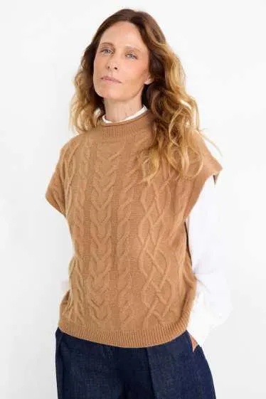 Knitted jumper with cashmere content - short sleeve - wool blend