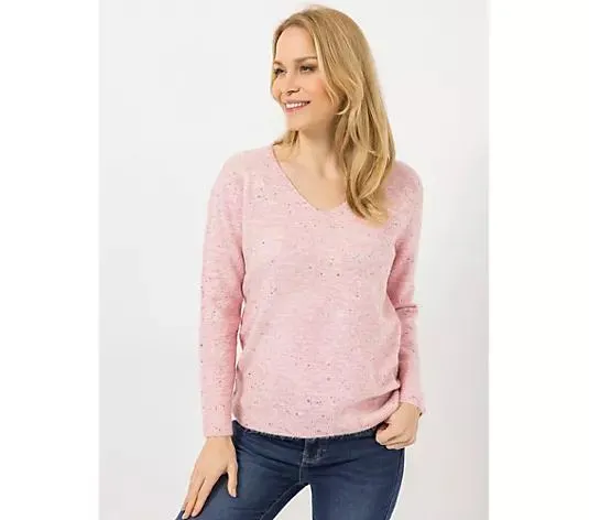 DENIM & CO. Pullover V-Ausschnitt Melange Optik figurumspielend