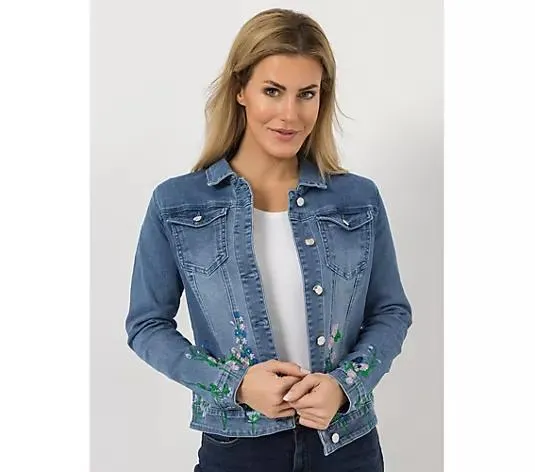 VIA MILANO Jeansjacke mehrfarbige Stickerei Knopfleiste 28% recycelte Fasern