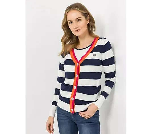 STRANDFEIN Streifencardigan V-Ausschnitt Kontrastblende figurumspielend