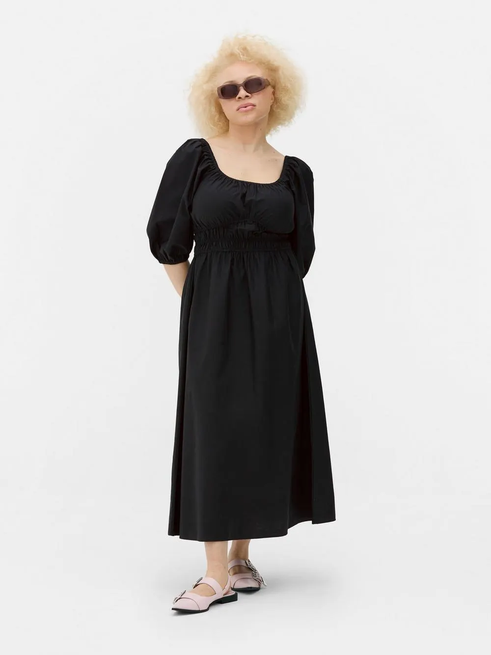 Gekräuseltes Midikleid aus Popeline