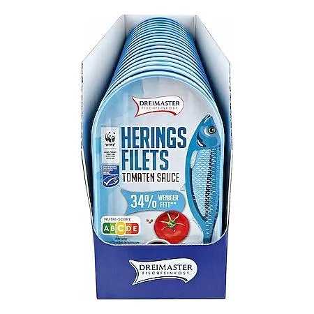 Dreimaster Heringsfilet in Tomatensauce weniger Fett 200 g, 18er Pack