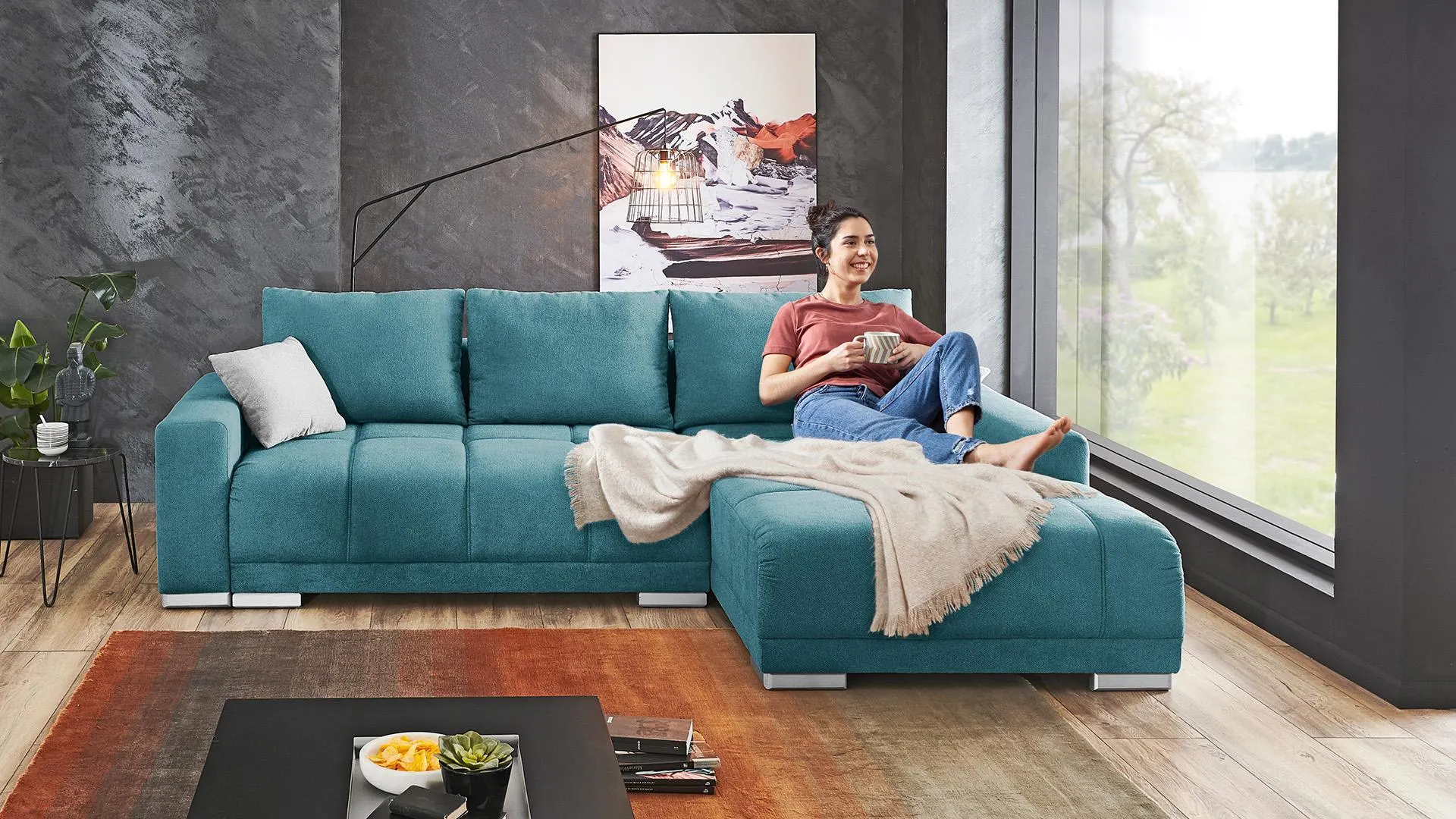 Ecksofa Carine mit Schlaffunktion und Bettkasten in Stoff