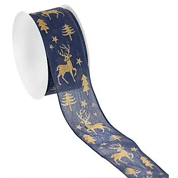 Stoffband "Hirsch", blau-gold, 40 mm, 5 m