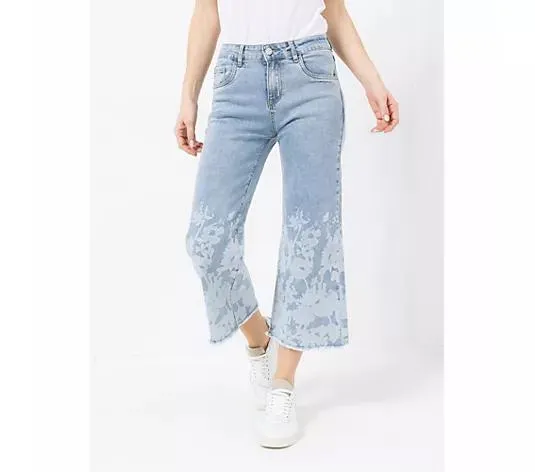 DINE 'N' DANCE Jeanshose, 7/8 Länge 5-Pocket-Syle floraler Druck weites Bein