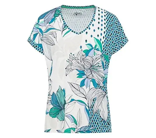 OLSEN Shirt, 1/4-Arm V-Ausschnitt floraler Druck Ärmelaufschläge