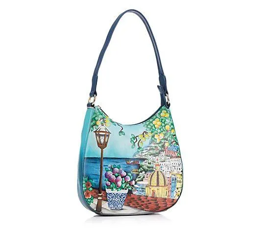 ANUSCHKA® Schultertasche echt Leder Sicherheitsfach handbemalt