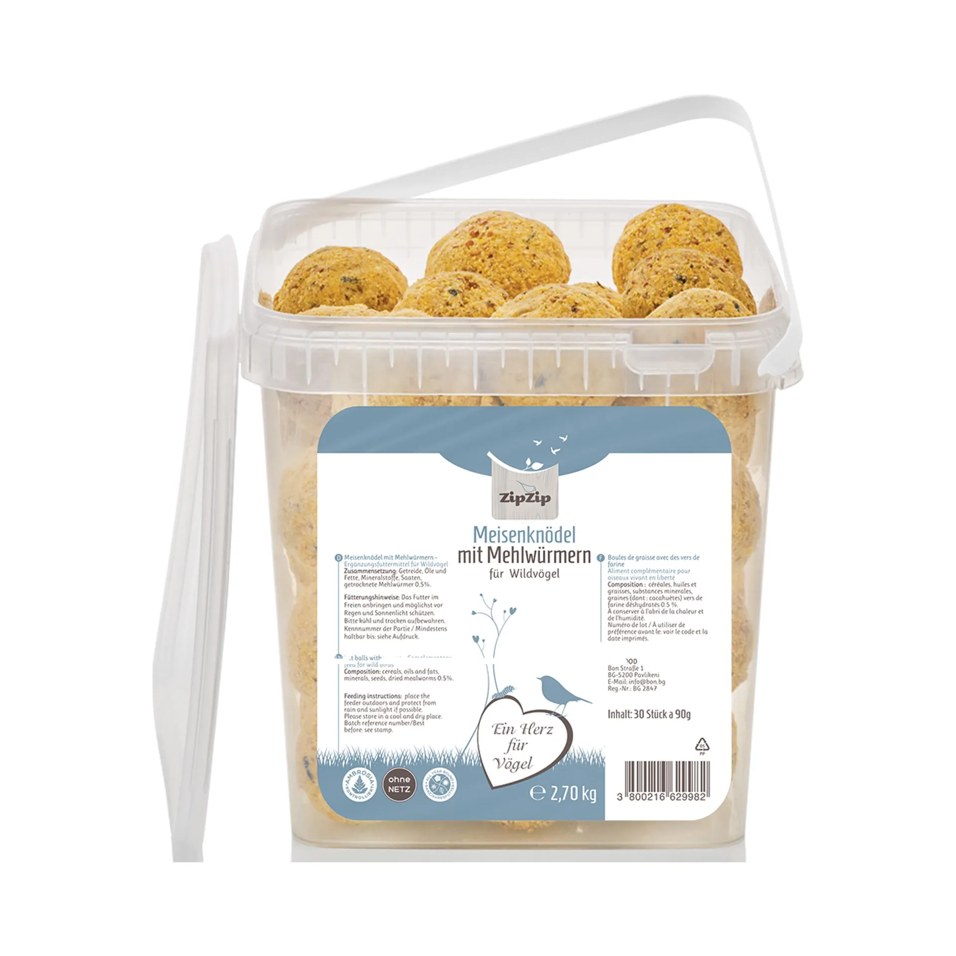 Meisenknödel mit Mehlwürmern ohne Netz 30 Stück im Eimer