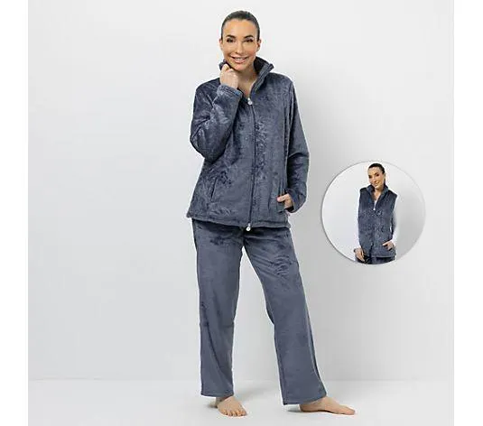 Wählen Sie Ihre Variante: MONT CHALET Damen-Hausanzug uni Mikrofaser Chinchilla Stehkragen, 3tlg.