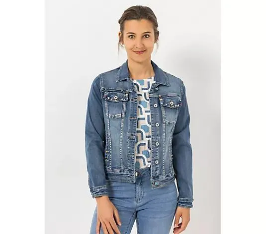 DINE 'N' DANCE Jeansjacke Salsa Knopfleiste Schmucksteine figurbetont