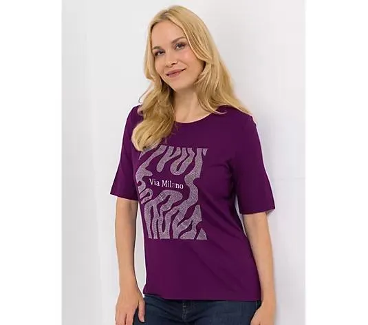 VIA MILANO Shirt, langer 1/2-Arm Rundhalsausschnitt Strass-Details figurumspielend