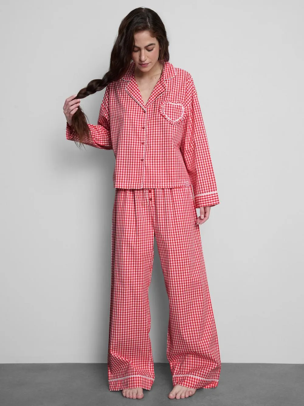 Schlafanzughemd mit Vichykaros und Herzdetail