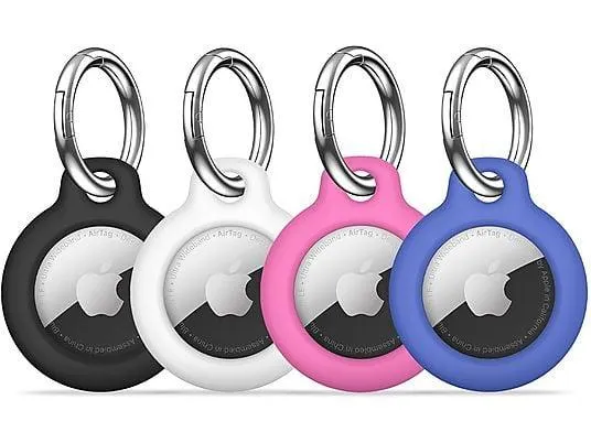 CRRYNUO 4er-Pack AirTag-Hüllen mit Schlüsselanhänger, Backcover, Apple, AirTag, Schwarz/Weiß/Rosa/Blau