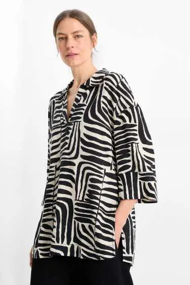 V-neck blouse - linen blend - patterned