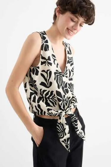 V-neck blouse top and knot detail - patterned