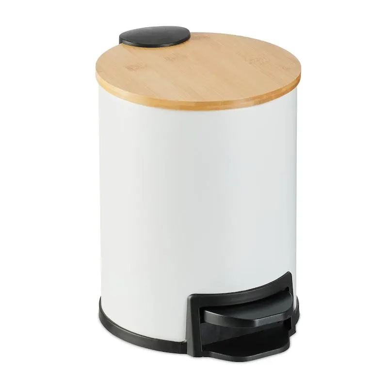 Relaxdays Mülleimer Bad, 3 l, Kosmetikeimer Absenkautomatik, Bambusdeckel, entnehmbarer Inneneimer, Treteimer, weiß