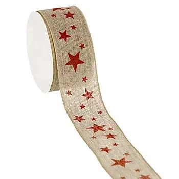 Leinenband "Sterne", natur-rot, 40 mm, 4 m