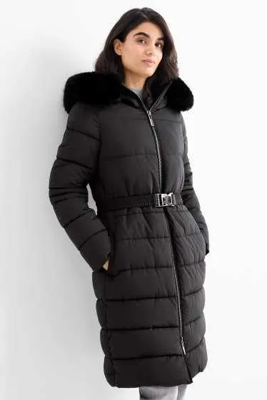 Quilted coat with belt, hood and faux fur trim