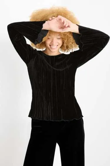 Velvet long sleeve top - regular fit - ribbed