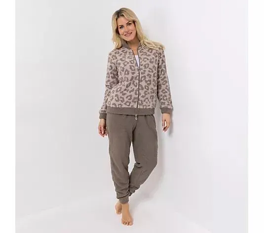 COZEE HOME Damen-Hausanzug Leo-Muster MF Fluffy Bouclé Collegekragen