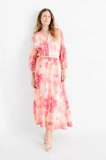 V-neck dress and belt - patterned