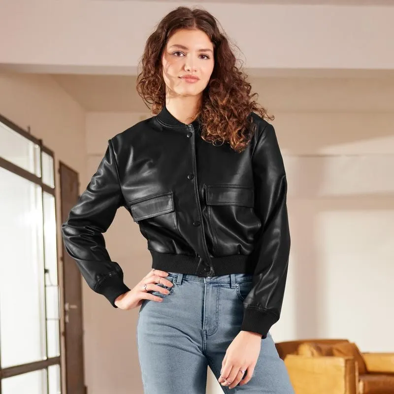 Damen-Bomber-Jacke in Lederoptik