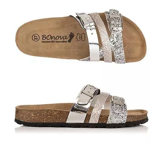 BONOVA Damen-Pantolette Metallic-Optik 2 verstl. Rimen Super-Soft-Fußbett