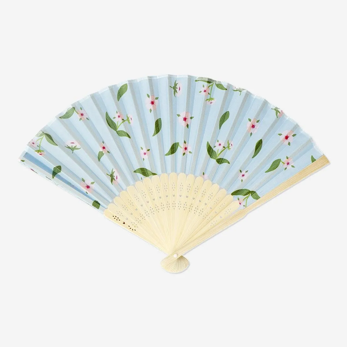 Blue foldable bamboo fan with cherry blossoms