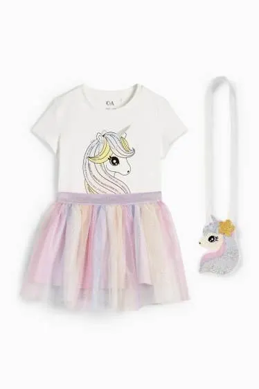 Unicorn - set - short sleeve T-shirt, skirt and bag - 3 piece