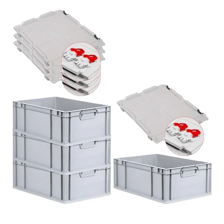 PROREGAL 4x Eurobox NextGen Grip mit Scharnierdeckel & roten Verschlüssen | HxBxT 22x40x60cm | 44 Liter | Griffe geschlossen | Verstärkter Boden