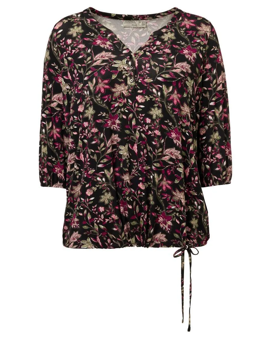 Blumen-Shirt Janina Plus, Schnürung am Saum