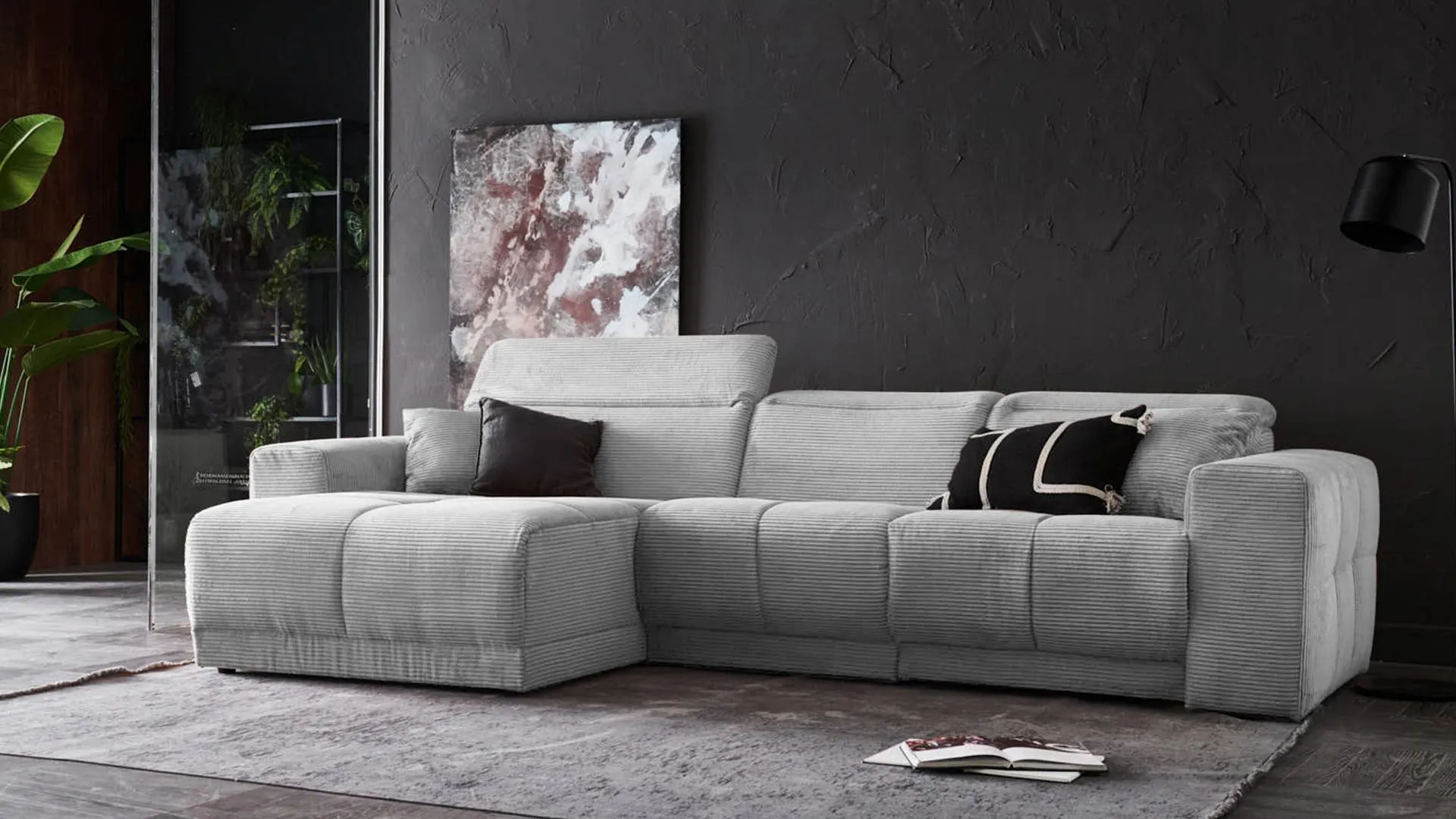 Ecksofa Toni mit Motor. Relaxfunktion Cord Stoff