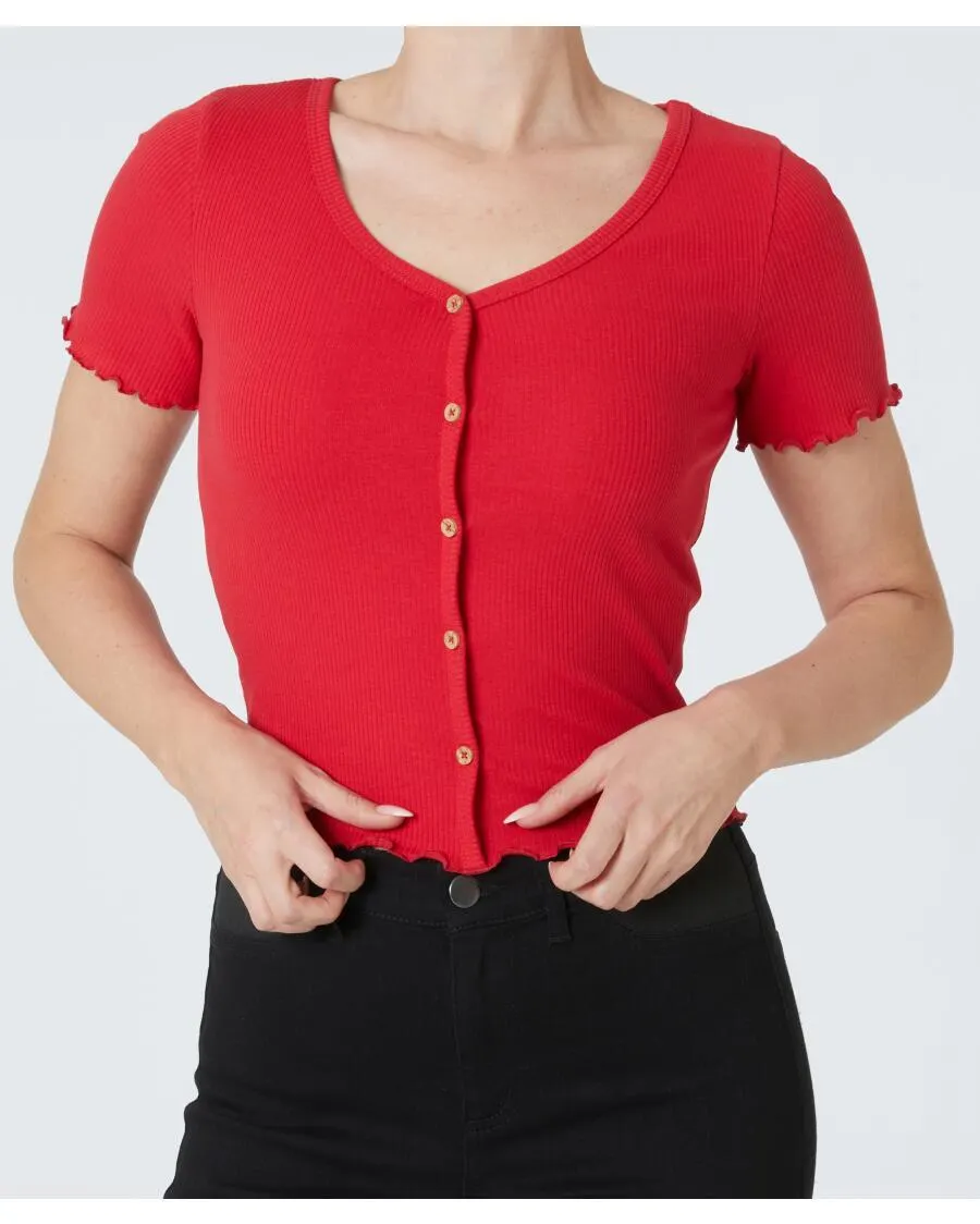Rotes T-Shirt Janina, Zierknopfleiste