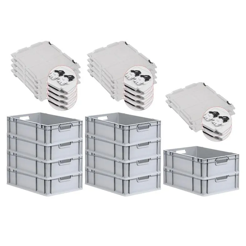 PROREGAL 10x Eurobox NextGen Grip mit Scharnierdeckel & schwarzen Verschlüssen | HxBxT 17x40x60cm | 34 Liter | Griffe offen | Glatter Boden