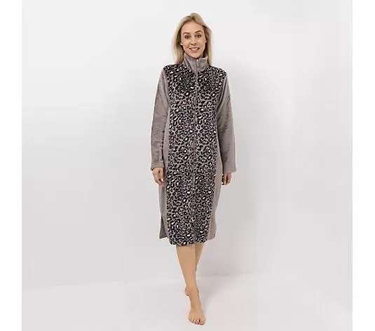 MONT CHALET Damen-Hauskleid Animaldrucke Mikrofaser Chinchilla Stehkragen