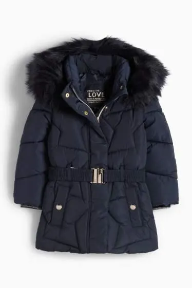 Quilted jacket with hood and faux fur trim