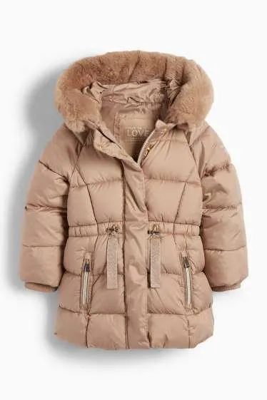 Quilted jacket with hood and faux fur trim - water-repellent