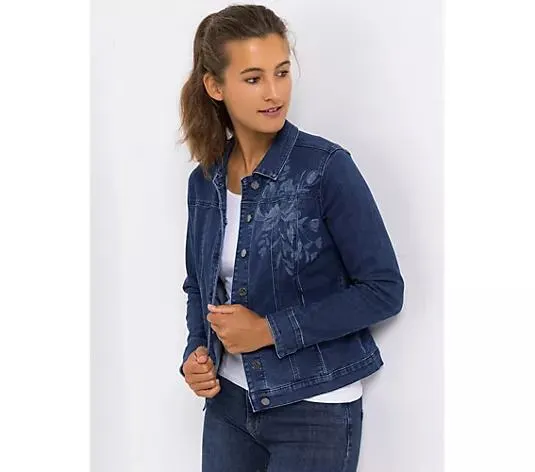 EVA LUTZ Jeansjacke Knopfleiste Laserdruck figurbetont