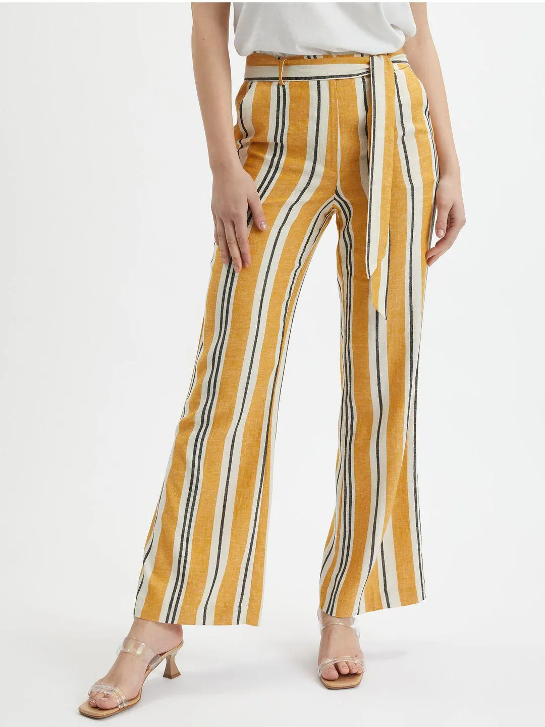 Orangefarbene gestreifte Damen-Leinenhose ORSAY