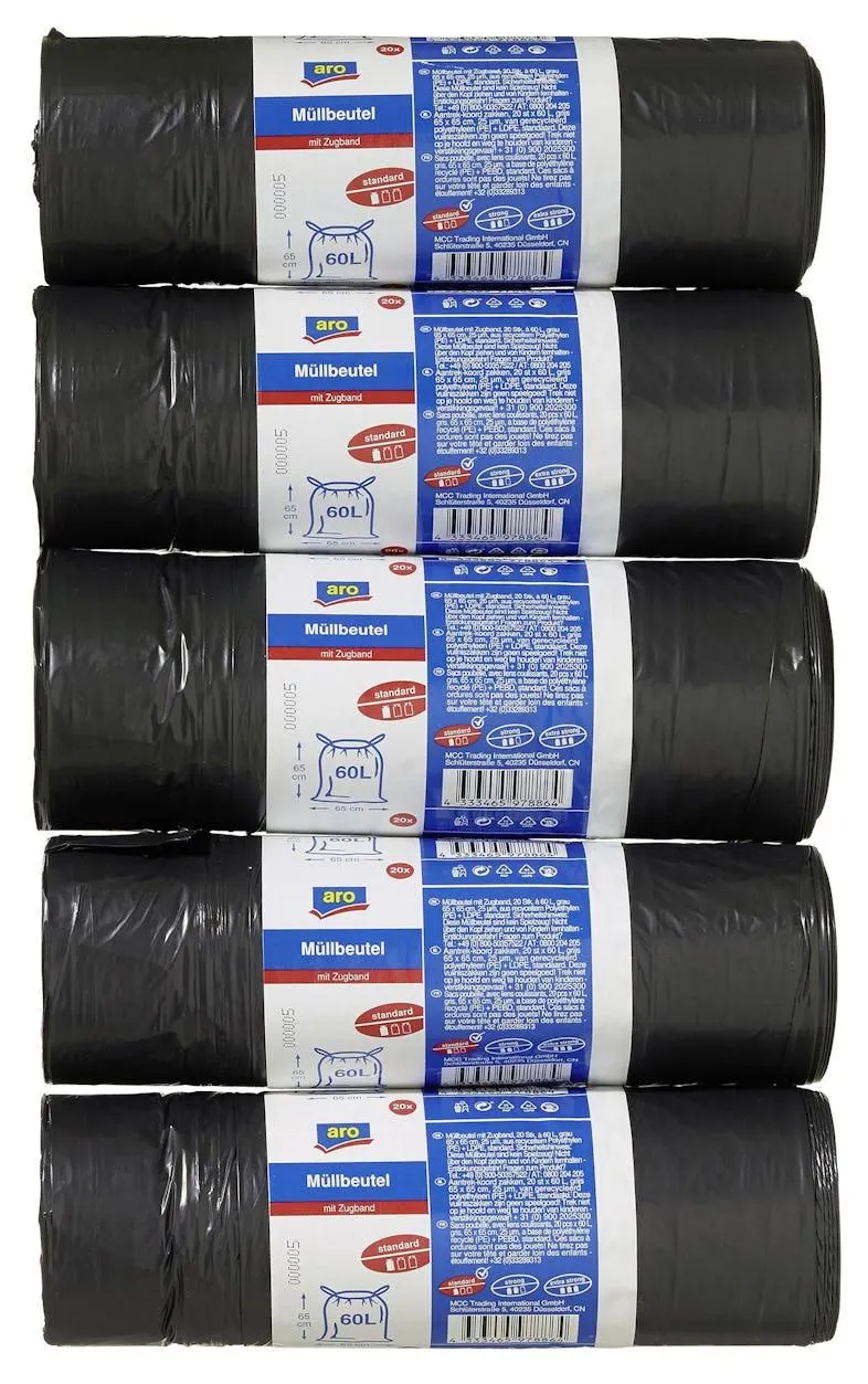 aro Müllbeutel, HDPE / LDPE, 25µm, 65 x 65 cm, 60 L, schwarz, 5 Rollen x 20 Stück (100 Stück)