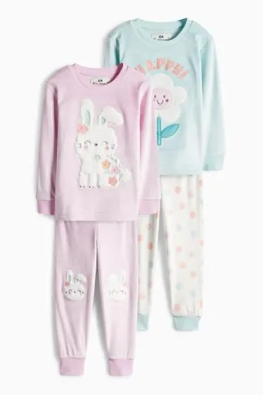 Multipack of 2 - bunny rabbit and flowers - winter pyjamas - 4 piece