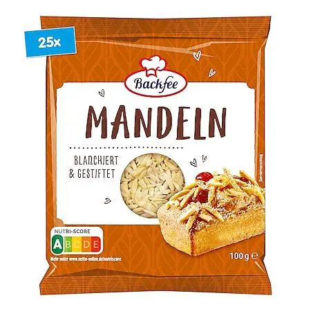 Backfee Mandeln gestiftet 100g, 25er Pack