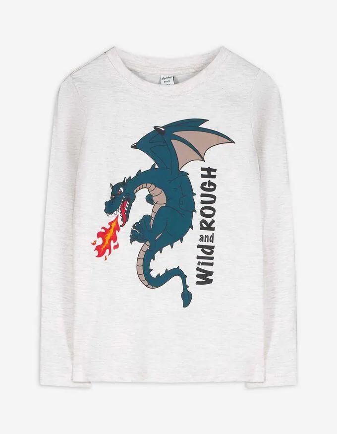 Tričko s dlouhým rukávem - Potisk - béžová