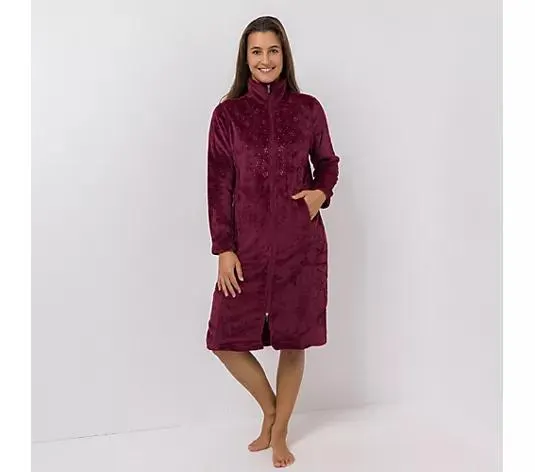 MONT CHALET Damen-Hauskleid uni Strasssteine Mikrofaser Chinchilla Stehkragen