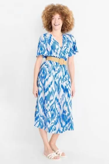 Viscose dress with V-neck and belt - patterned