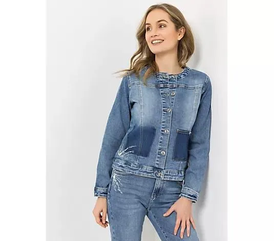 STRANDFEIN Jeansjacke Rundhalsausschnitt Applikation dekorativ aufgesetzte Tasche